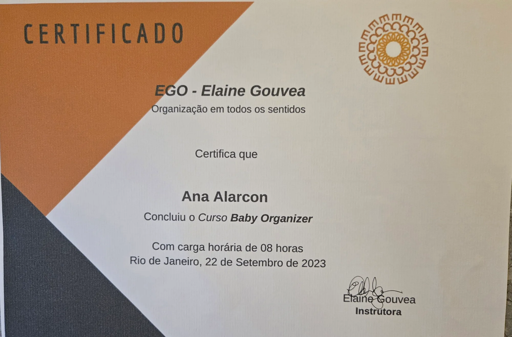 Certificado: Baby Organizer, EGO Elaine Gouvea · Rio de Janeiro, 2023