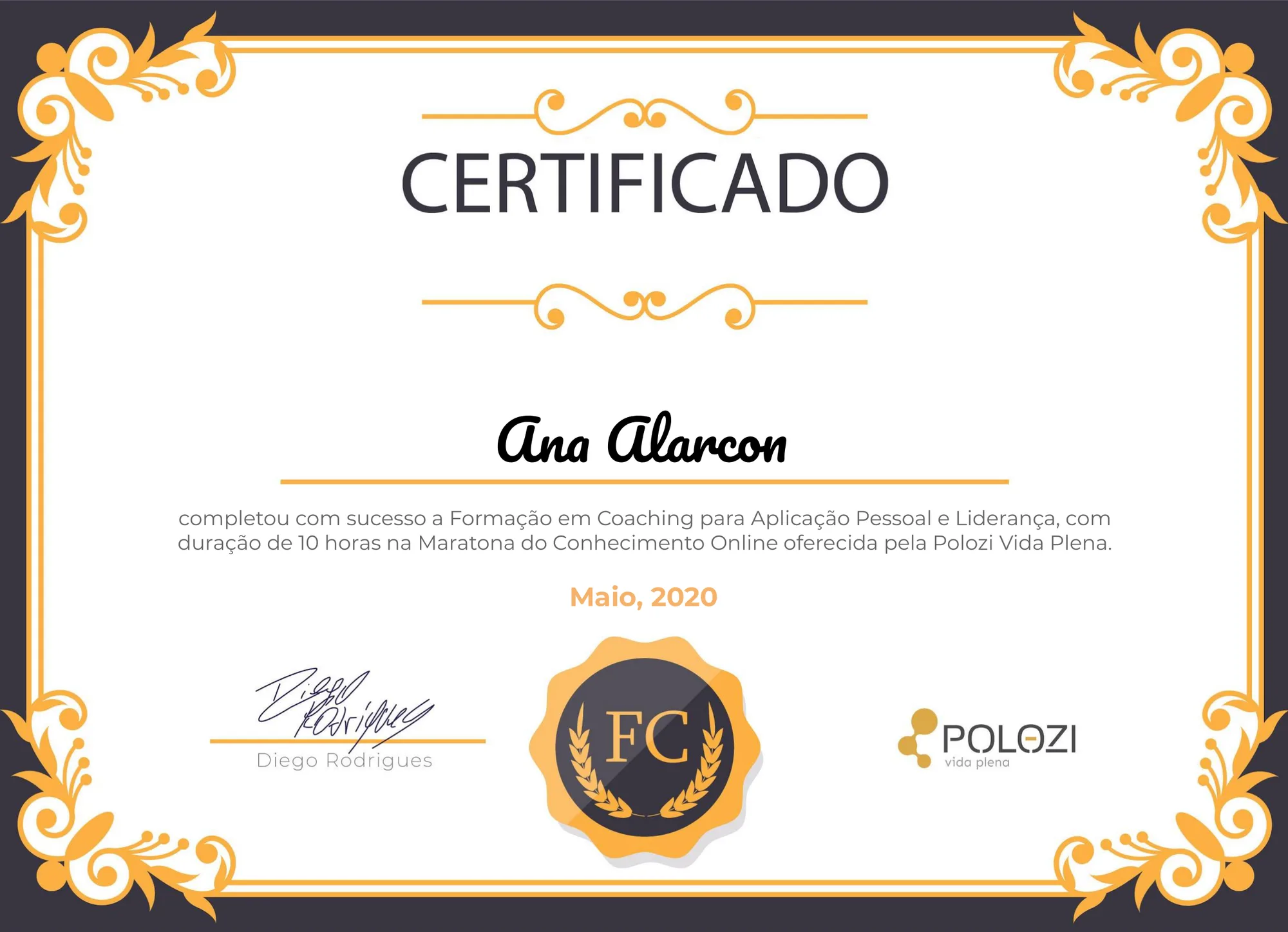 Certificado: Coaching para Aplicação Pessoal e Liderança, Polozi Vida Plena · 2020