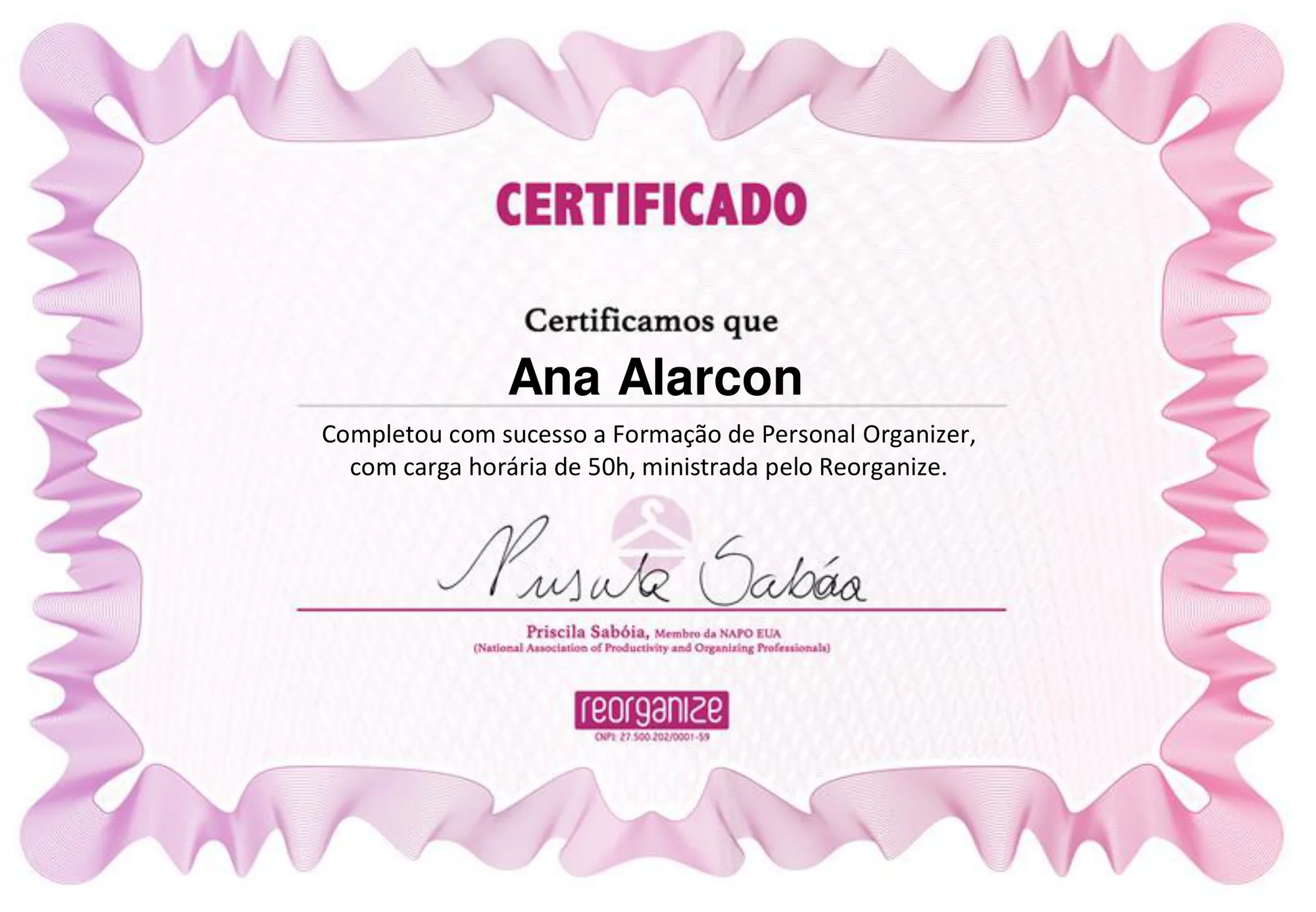 Certificado: Formação de Personal Organizer, Reorganize, 50 horas · 2017