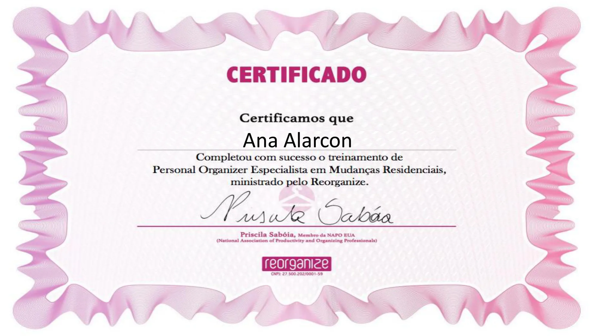 Certificado: Personal Organizer Especialista em Mudanças Residenciais, Reorganize · 2018