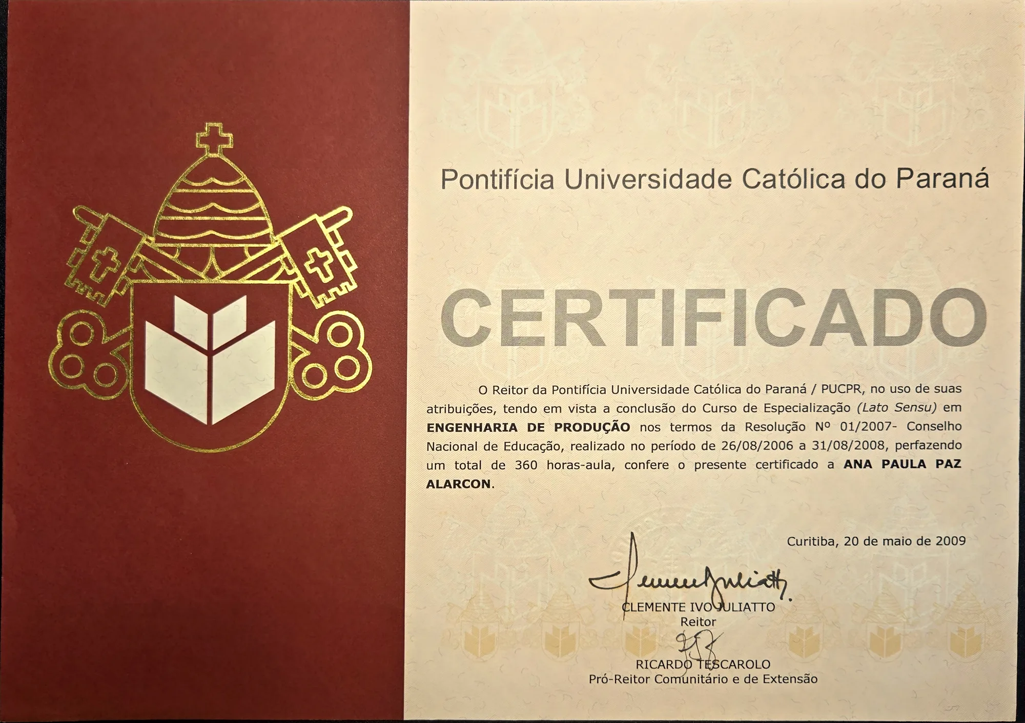 Certificado: Pós-graduação em Engenharia de Produção, Diploma de especialização