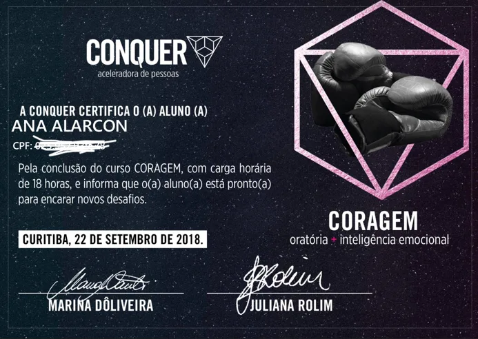 Certificado: Coragem: Oratória e Inteligência Emocional, Conquer · Curitiba, 2018